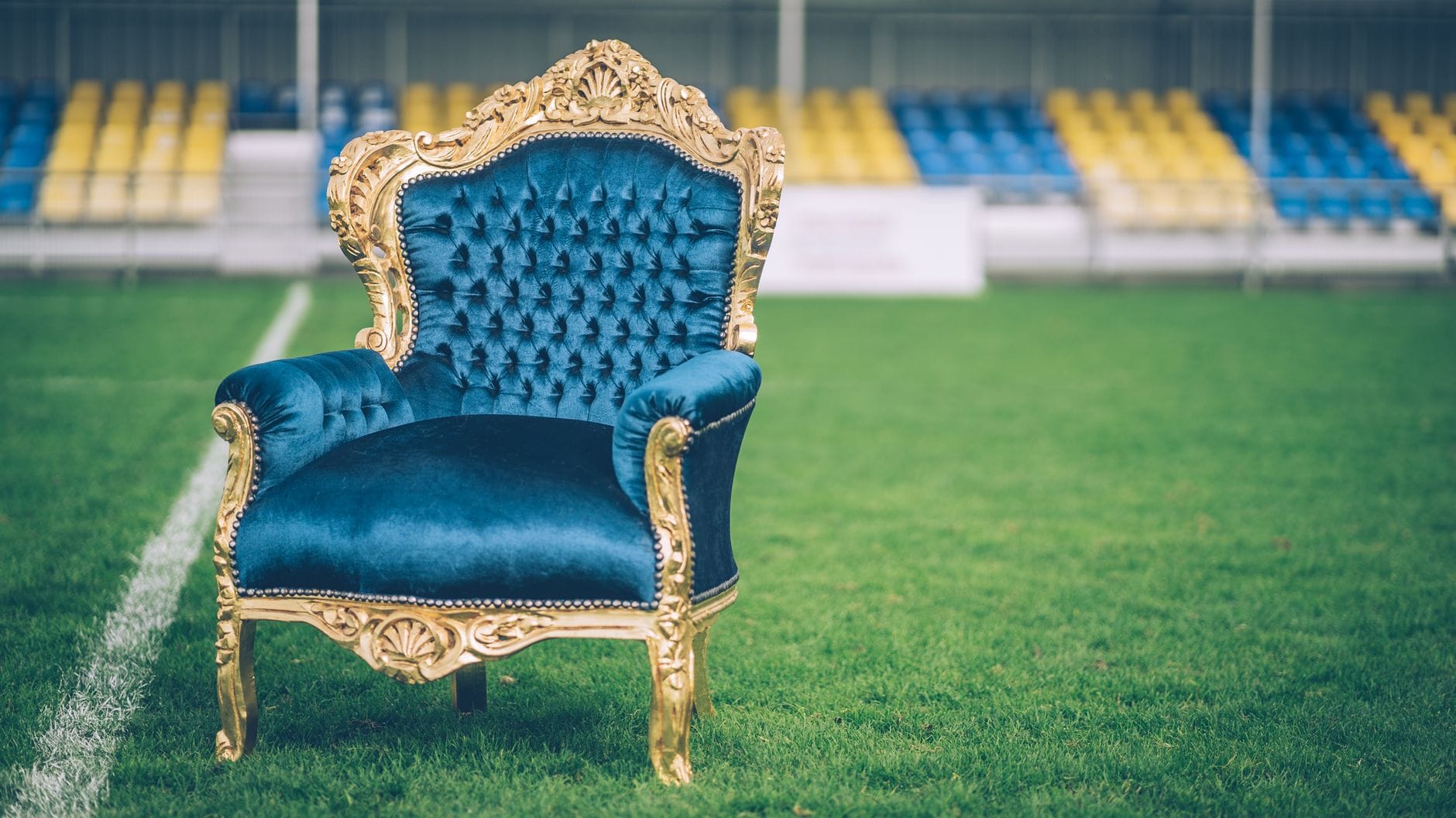 Sektory, skyboxy, VIP: jak podział trybun wpływa na atmosferę i przychody hali? Luksusowy niebieski fotel VIP ustawiony samotnie na boisku sportowym